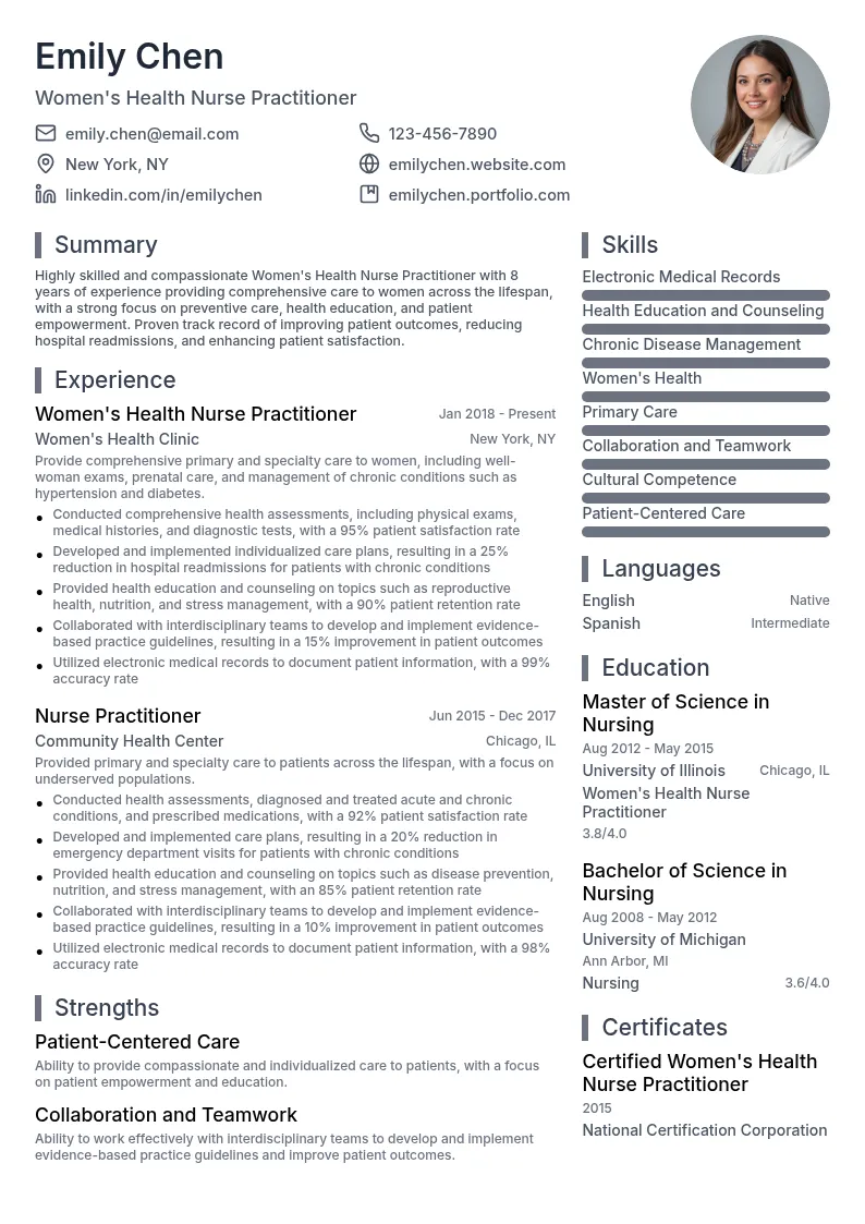 Women's Health Nurse Practitioner resume example