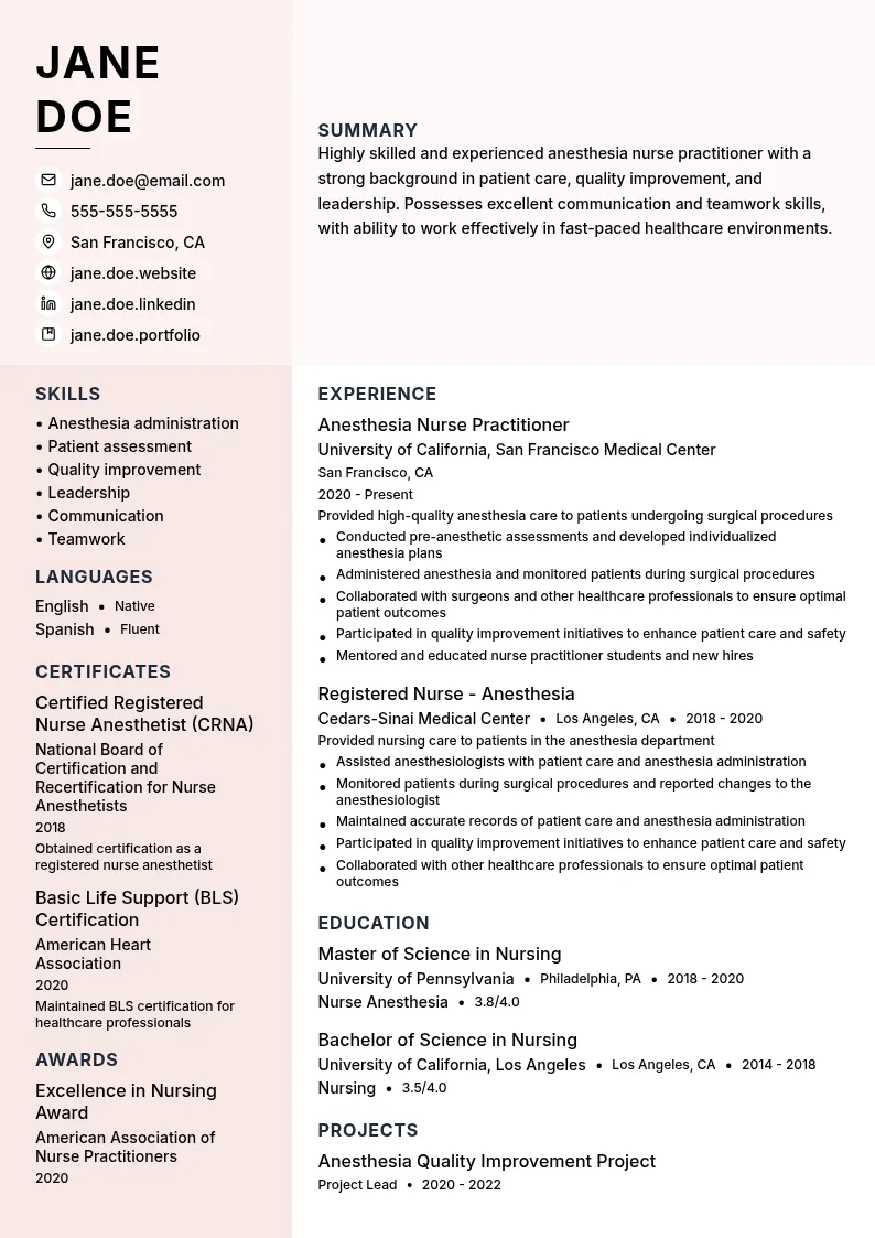 Anesthesia Nurse Practitioner resume example