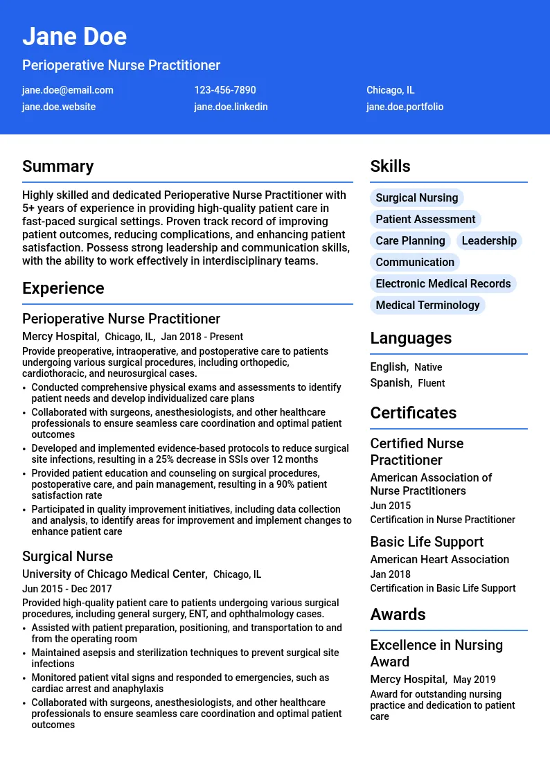 Perioperative Nurse Practitioner resume example