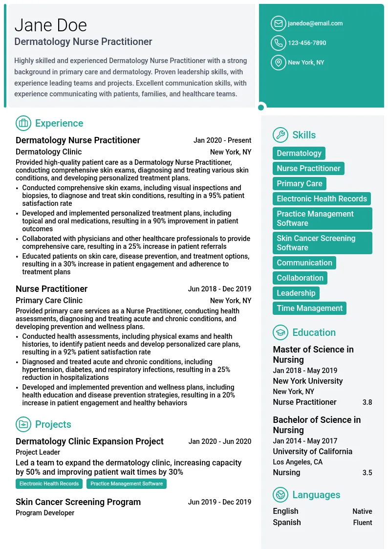 Dermatology Nurse Practitioner resume example