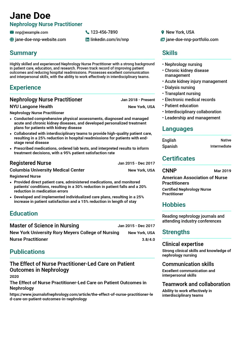 Nephrology Nurse Practitioner resume example