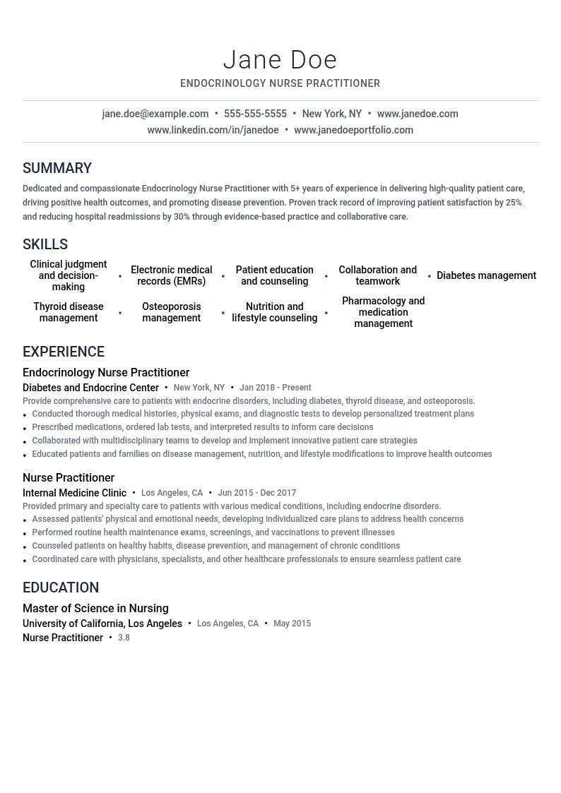 Endocrinology Nurse Practitioner resume example