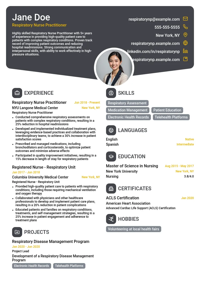 Respiratory Nurse Practitioner resume example