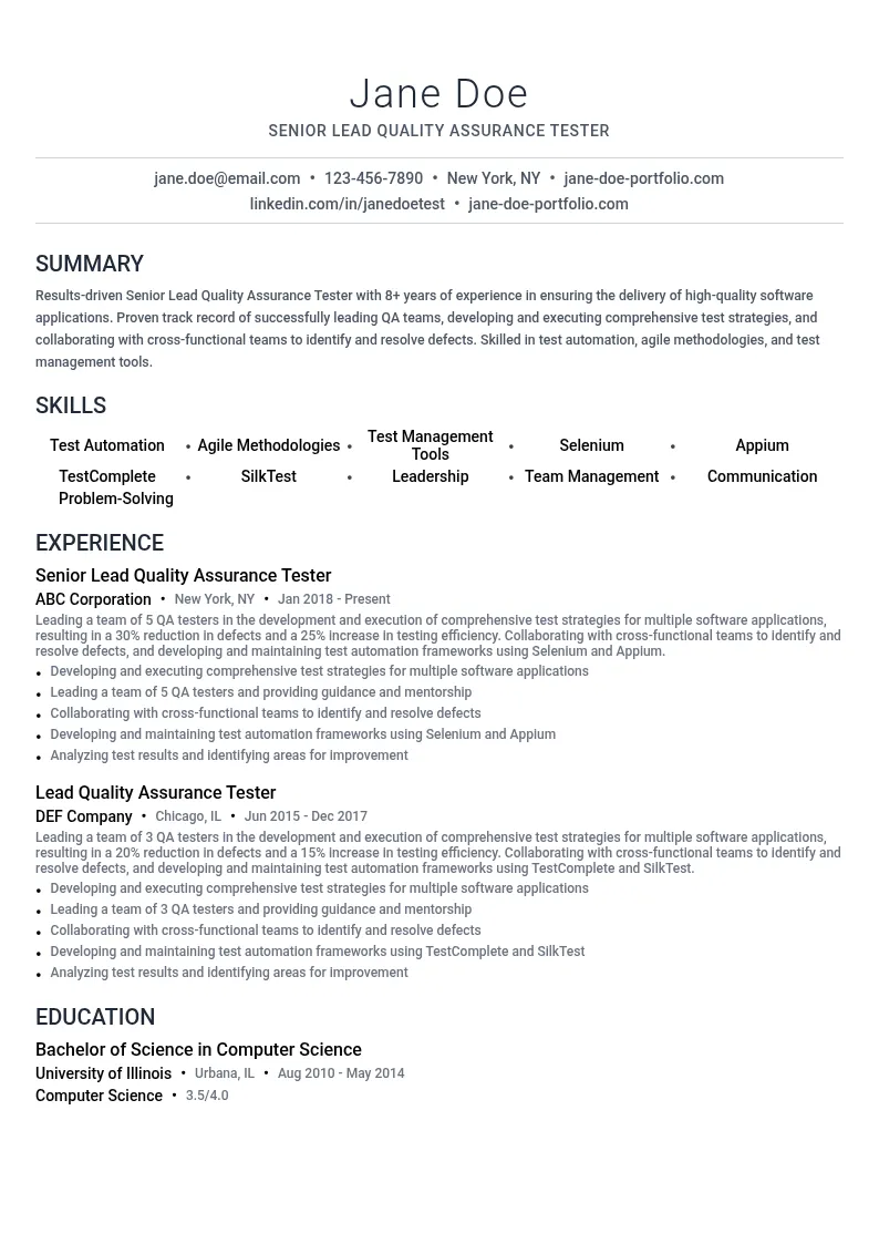 Senior Lead Quality Assurance Tester resume example