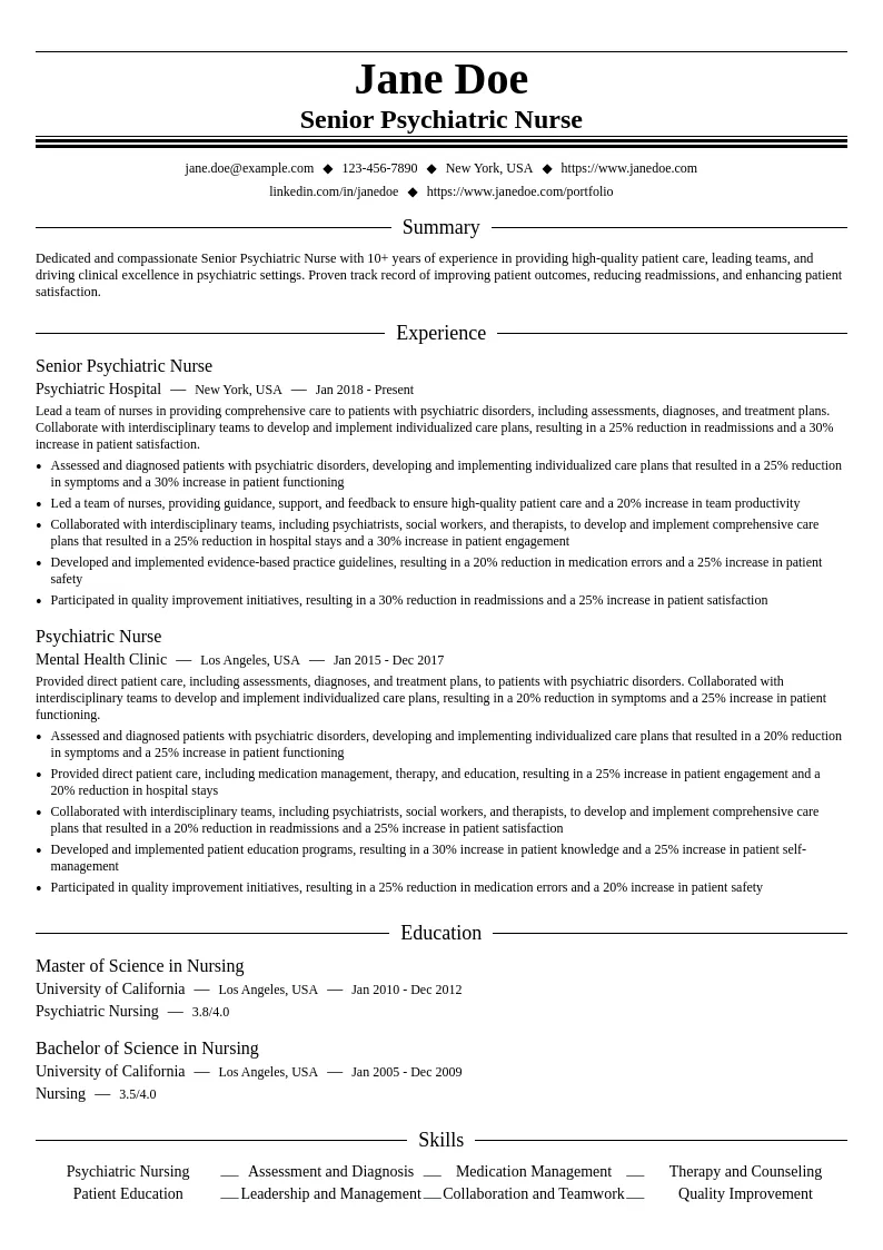 Senior Psychiatric Nurse resume example
