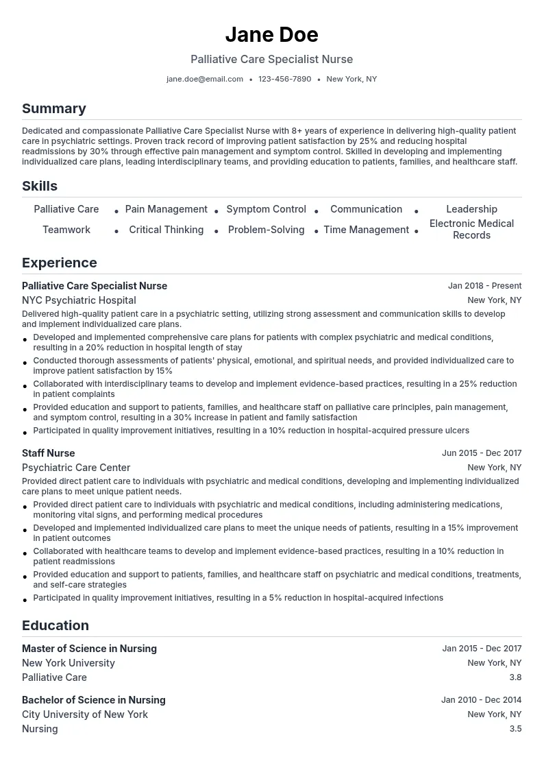 Palliative Care Specialist Nurse resume example