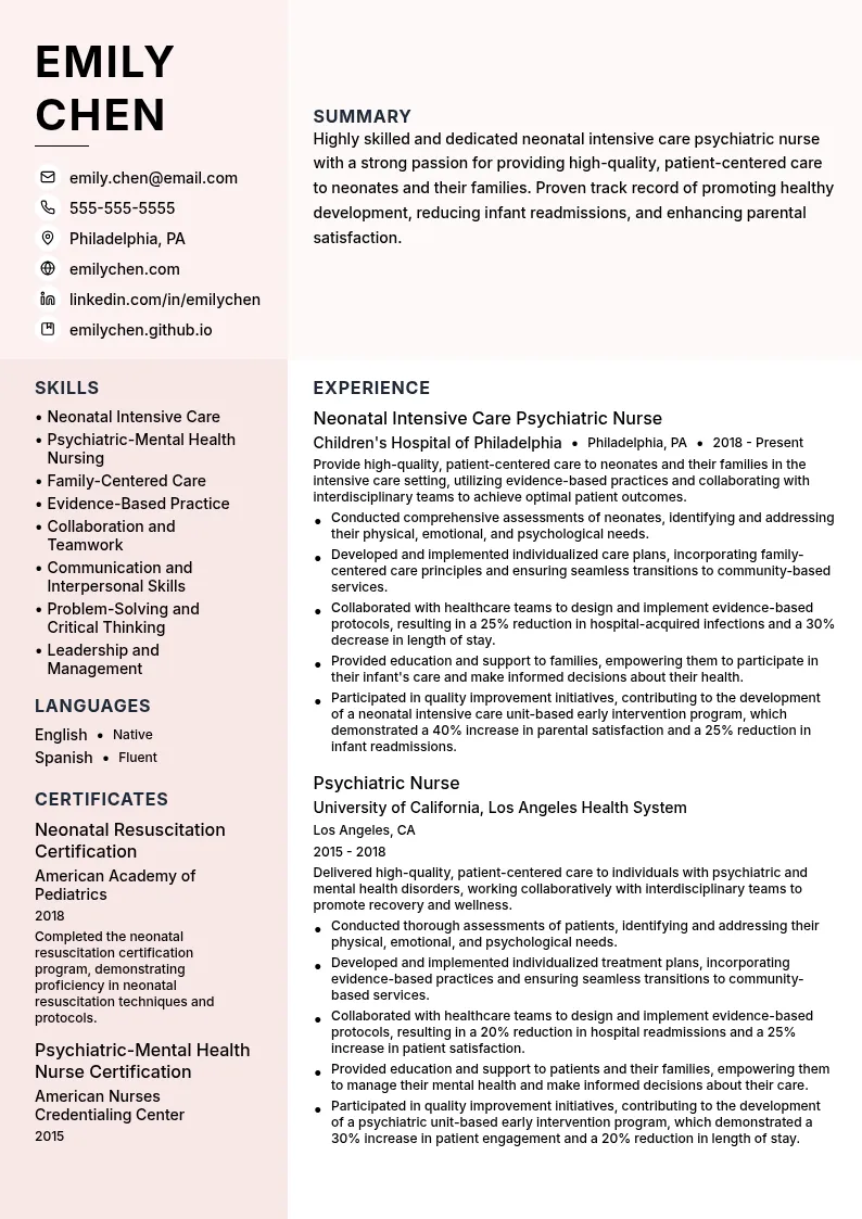 Neonatal Intensive Care Psychiatric Nurse resume example