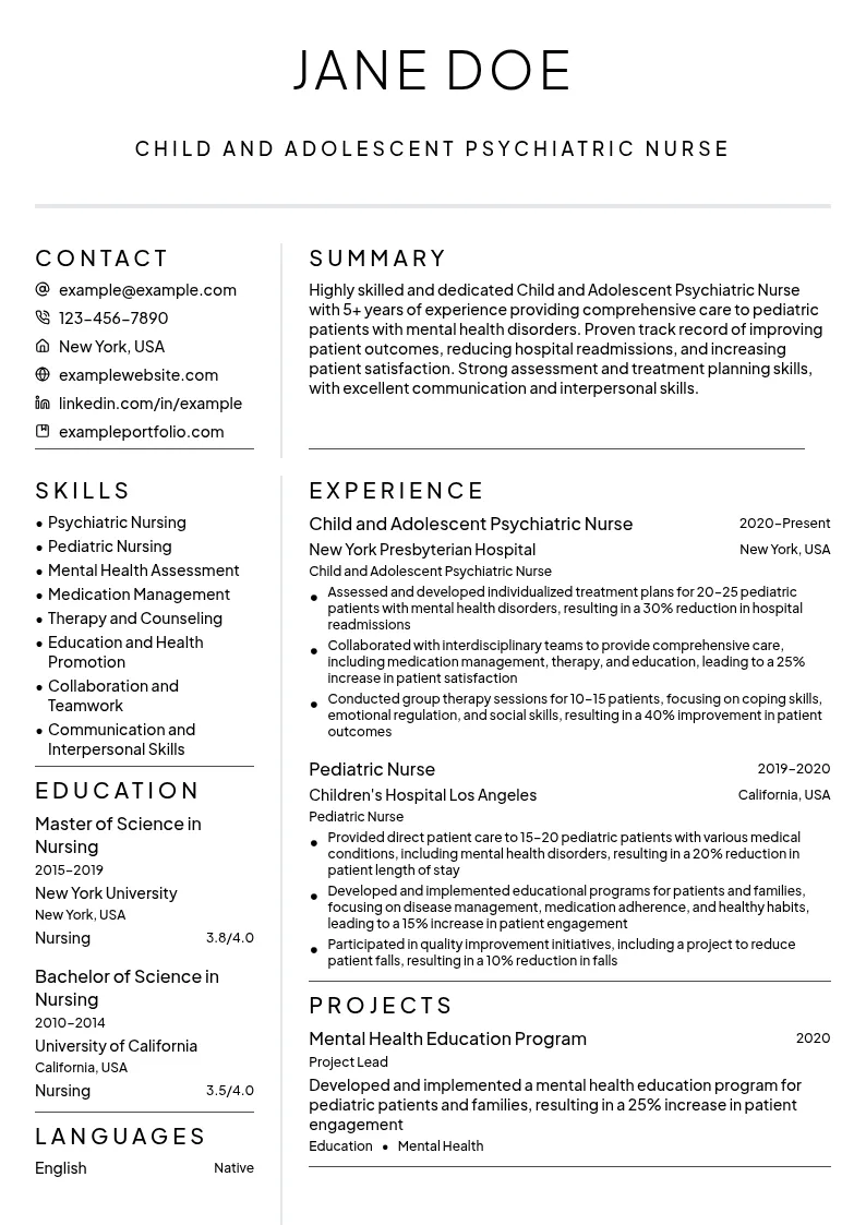 Child and Adolescent Psychiatric Nurse resume example