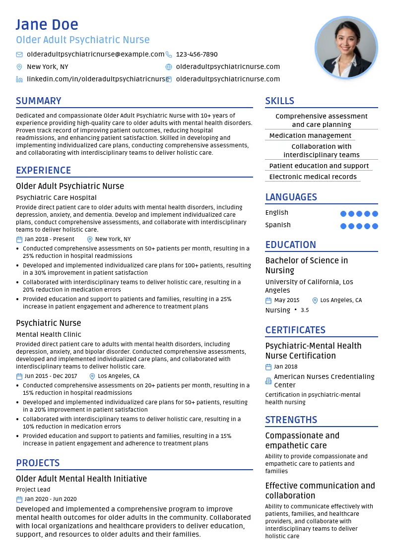 Older Adult Psychiatric Nurse resume example