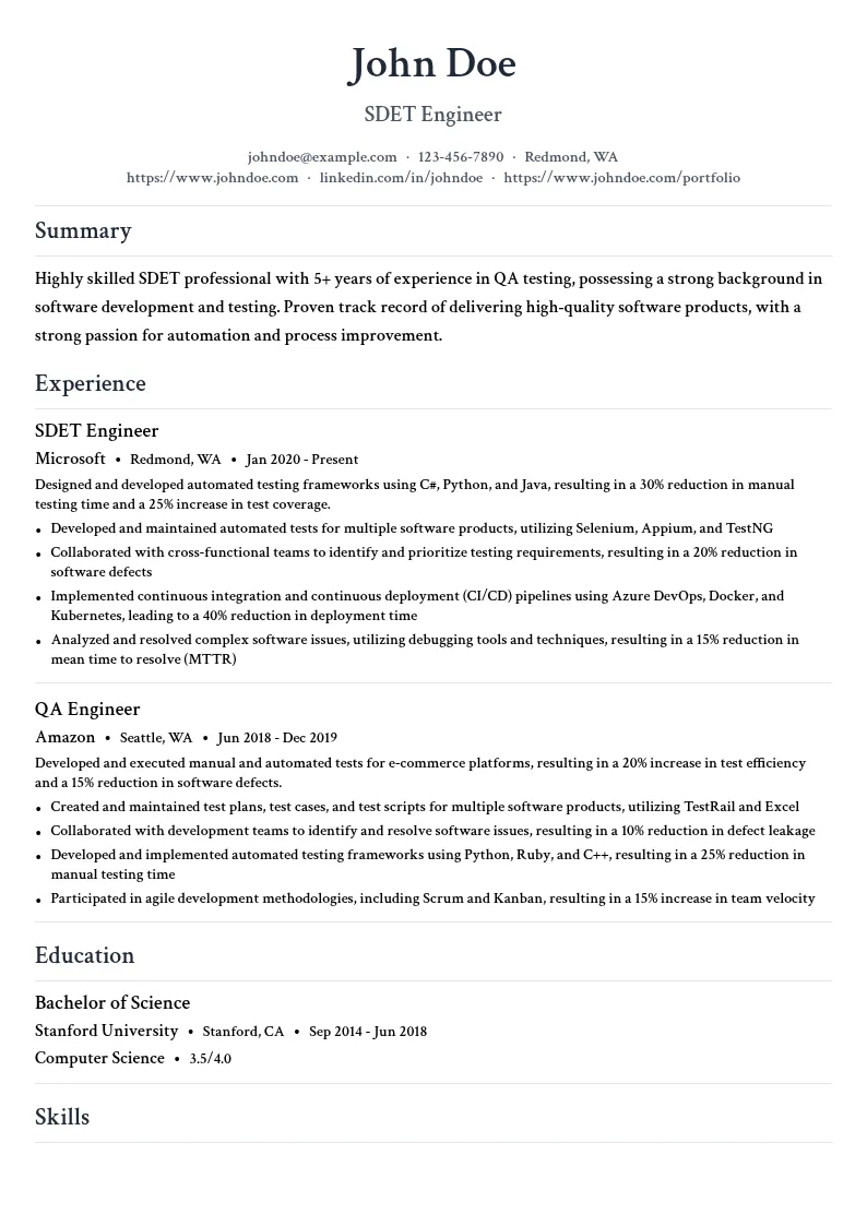 SDET resume example