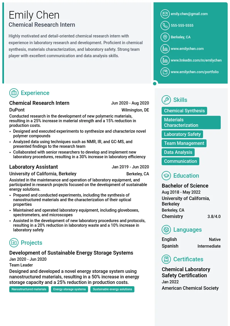 Chemical Research Intern resume example
