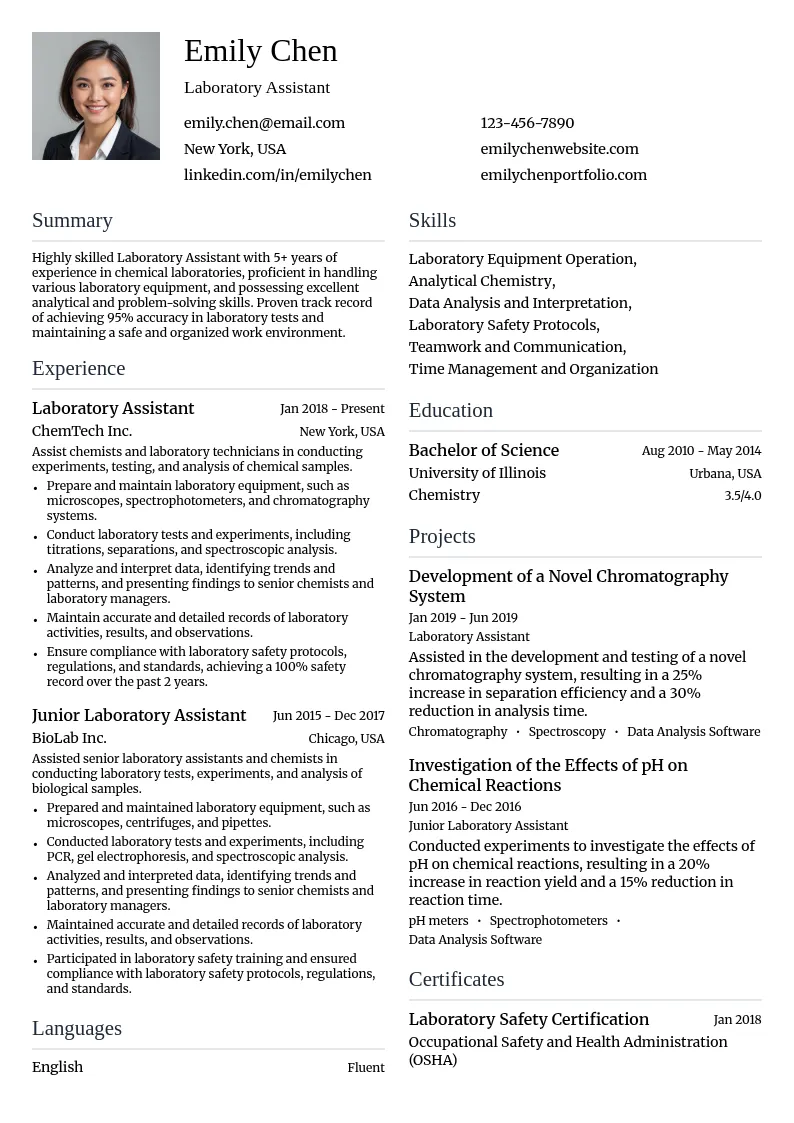 Laboratory Assistant resume example