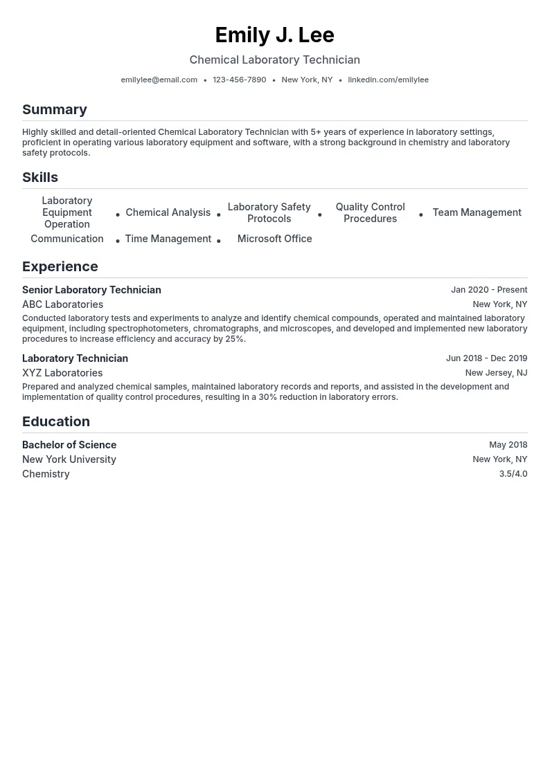 Chemical Laboratory Technician resume example