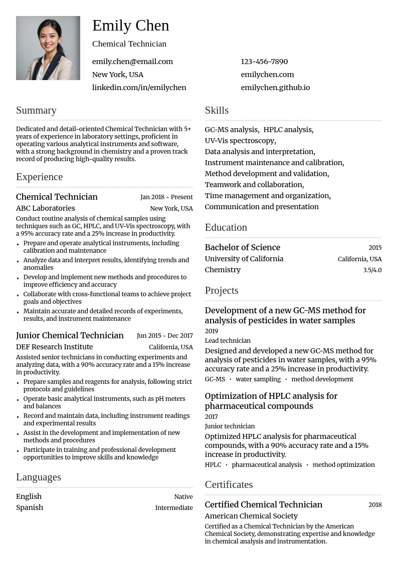Chemical Technician resume example
