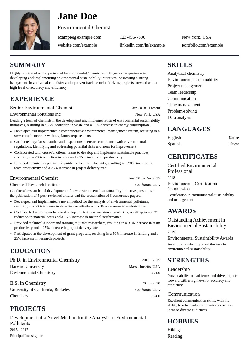 Environmental Chemist resume example