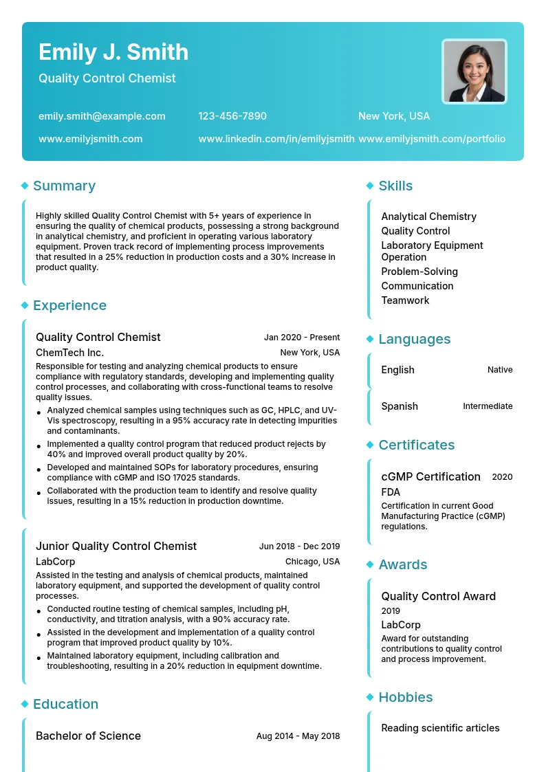 Quality Control Chemist resume example