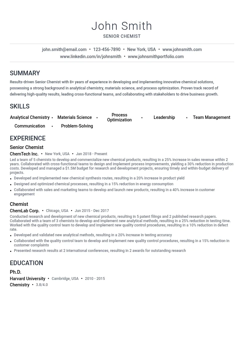 Senior Chemist resume example