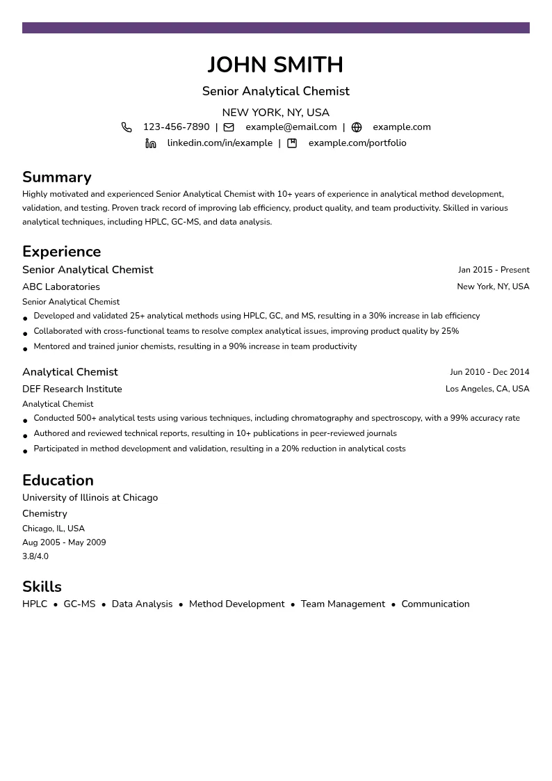 Senior Analytical Chemist resume example