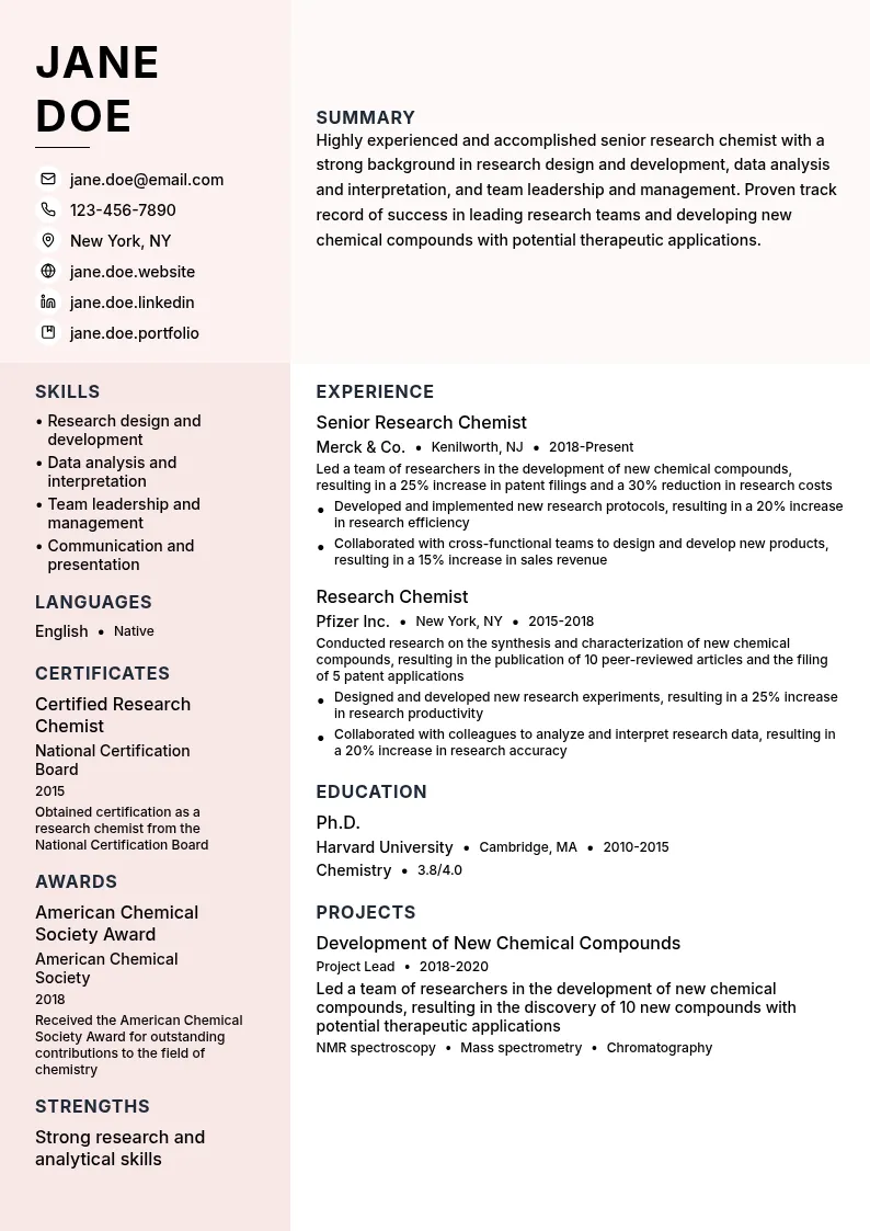 Senior Research Chemist resume example