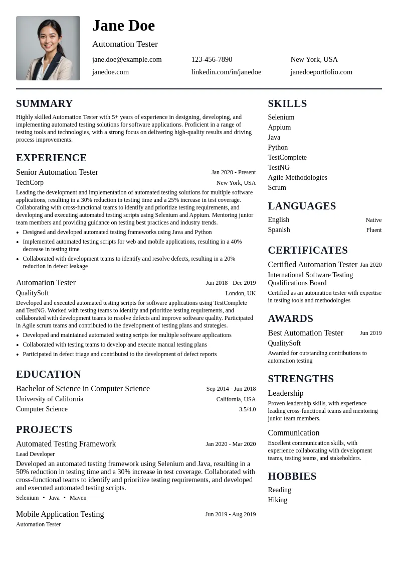 Automation Tester resume example