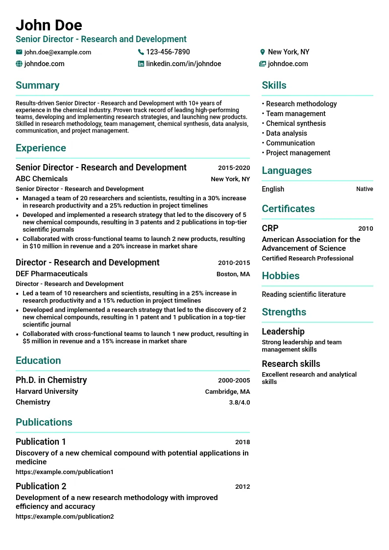 Senior Director - Research and Development resume example