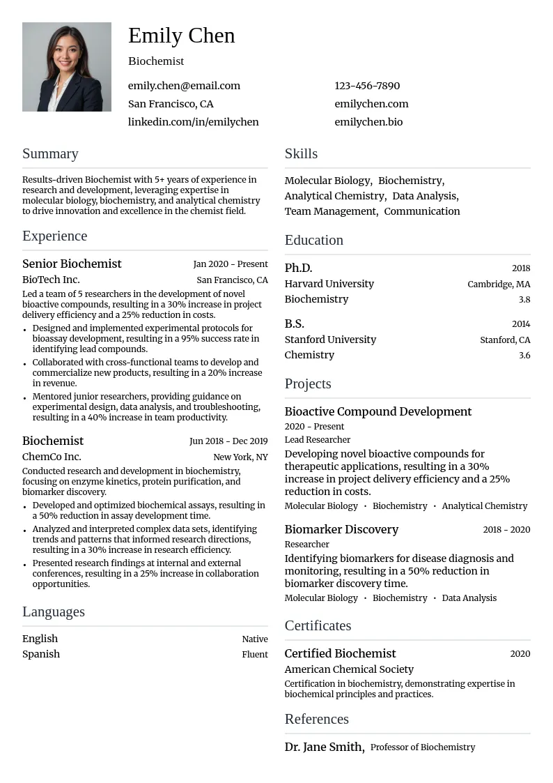 Biochemist resume example