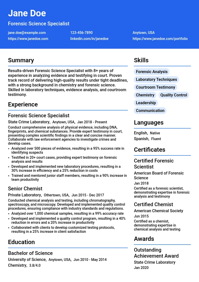 Forensic Science Specialist resume example