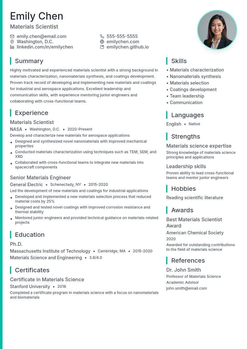 Materials Scientist resume example