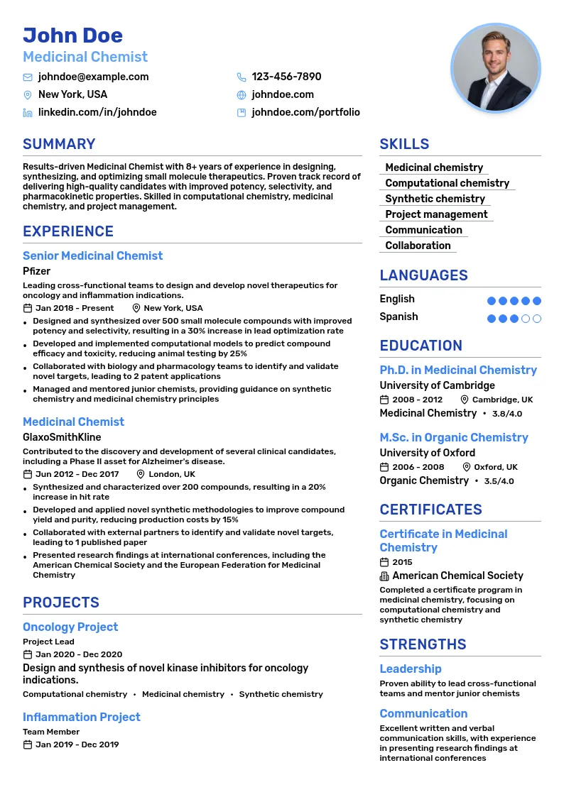 Medicinal Chemist resume example