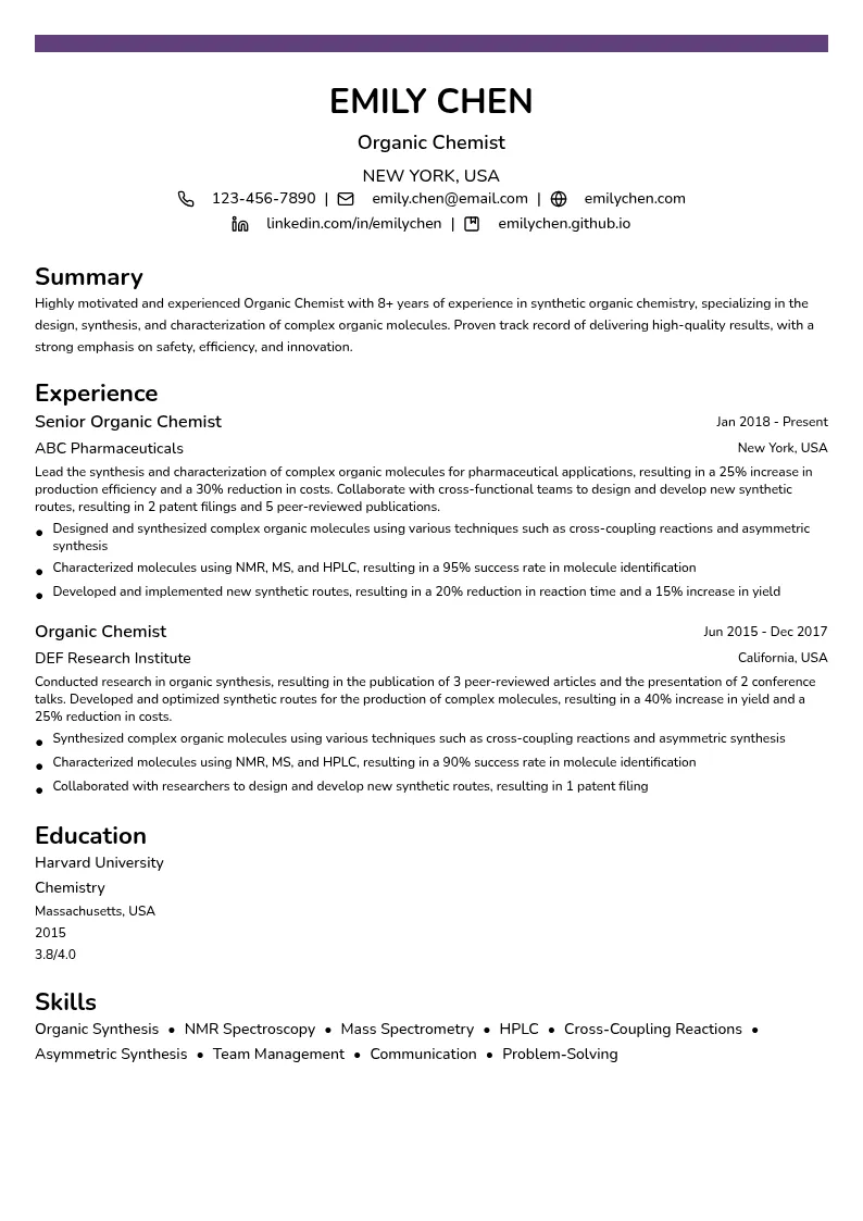 Organic Chemist resume example