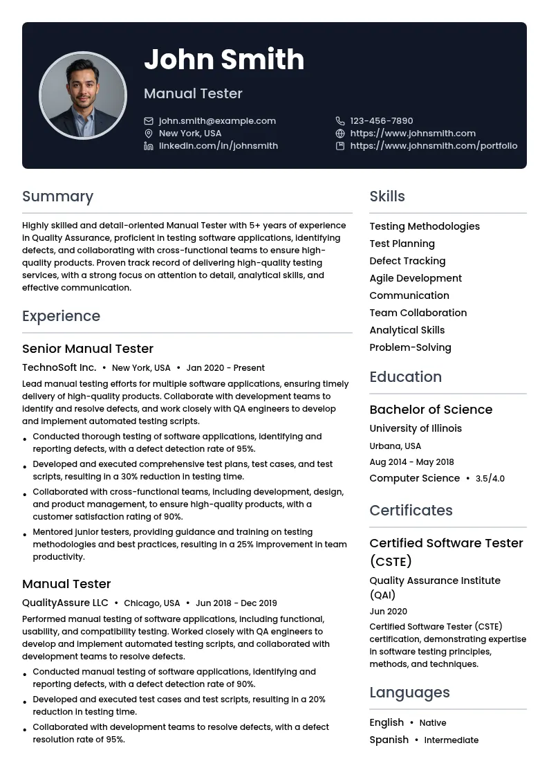 Manual Tester resume example