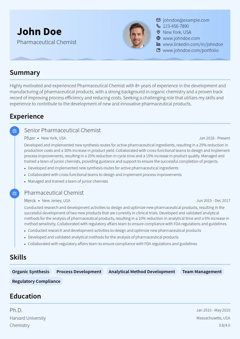 Pharmaceutical Chemist resume example