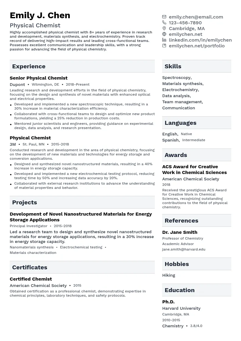 Physical Chemist resume example