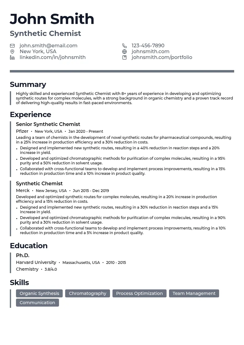 Synthetic Chemist resume example