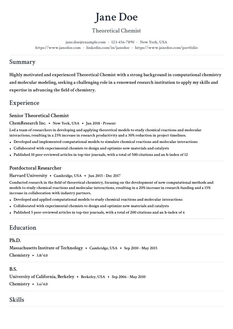 Theoretical Chemist resume example