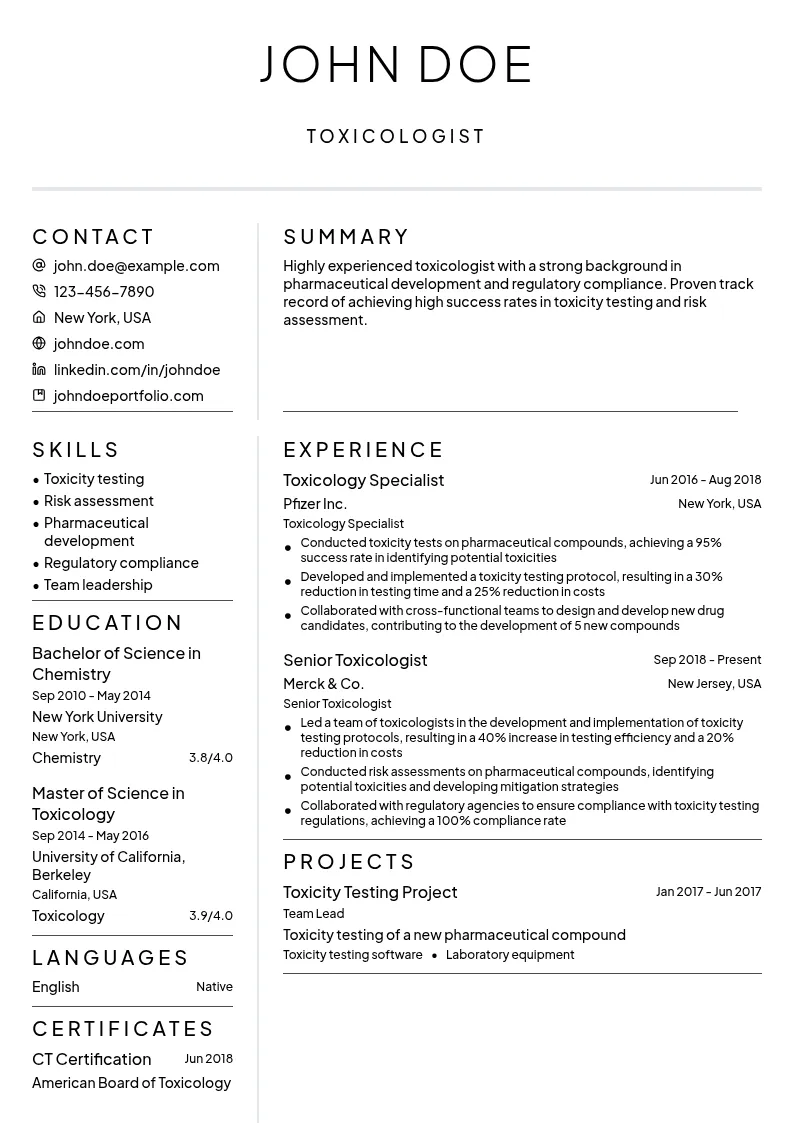 Toxicologist resume example