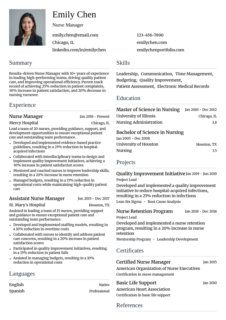 Nurse Manager - Senior Level resume example