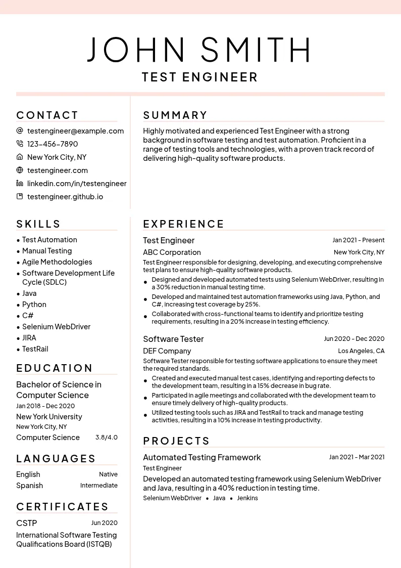 Test Engineer resume example