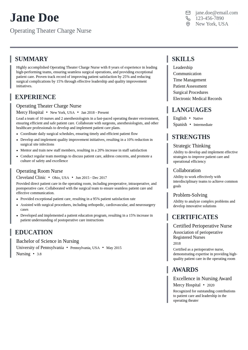Operating Theater Charge Nurse resume example