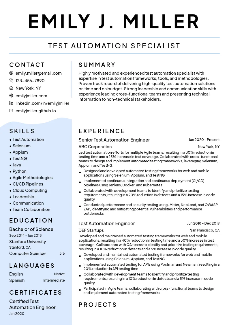 Test Automation Specialist resume example