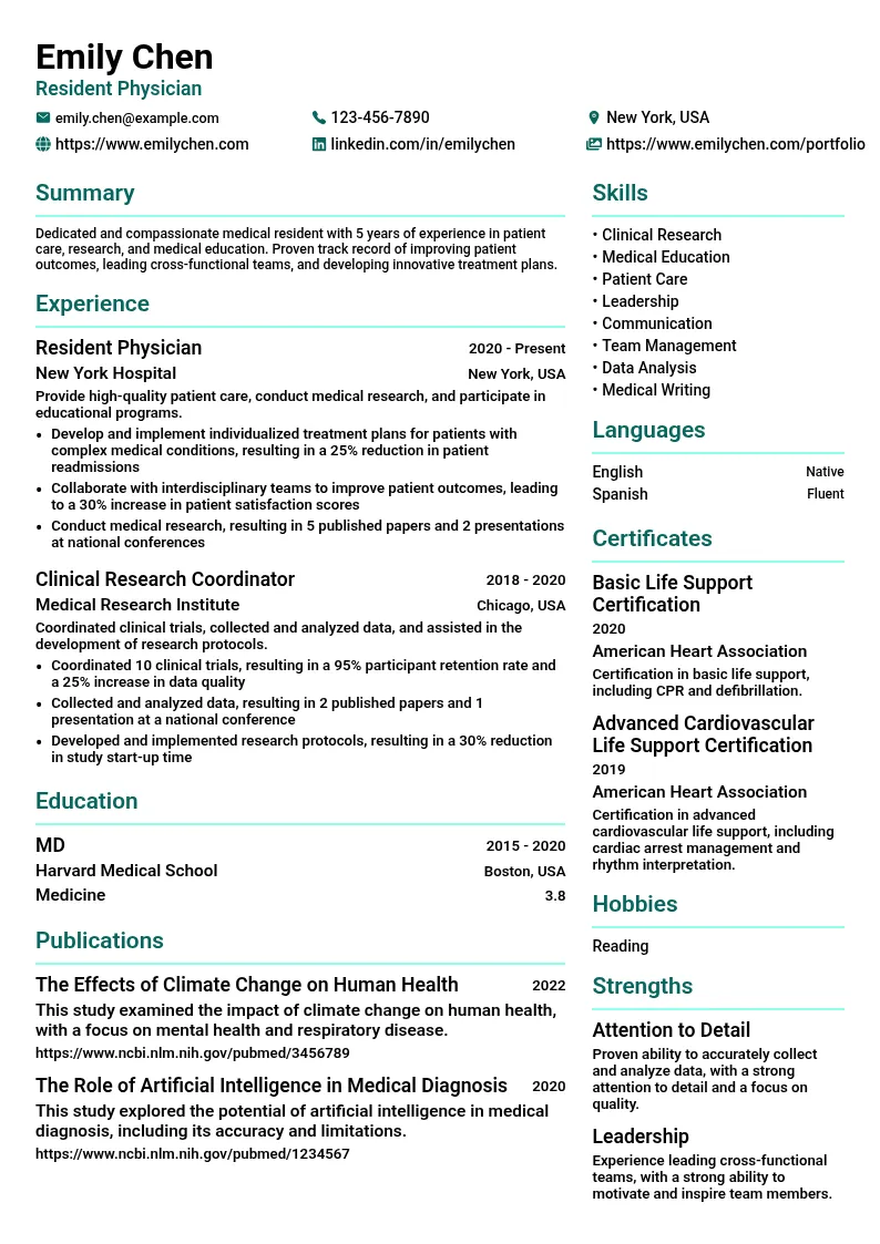 Resident resume example