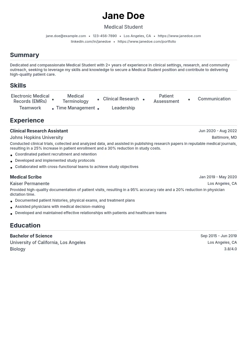 Medical Student resume example