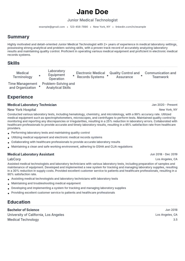 Junior Medical Technologist resume example