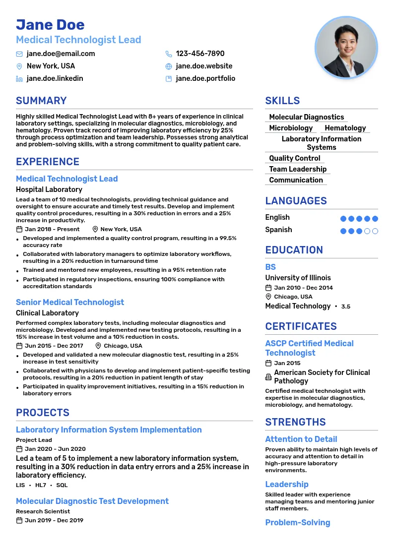 Medical Technologist Lead resume example