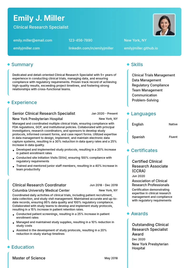 Clinical Research Specialist resume example