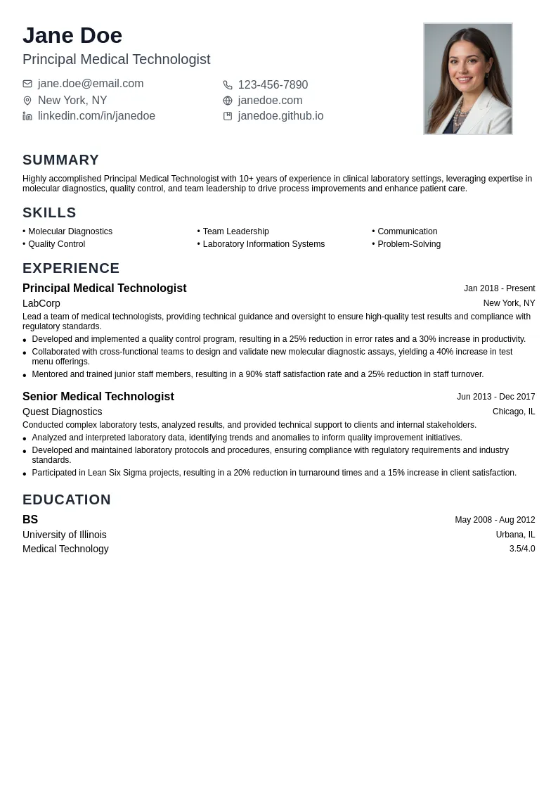 Principal Medical Technologist resume example