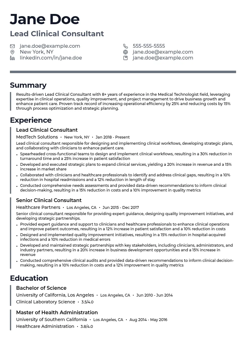 Lead Clinical Consultant resume example