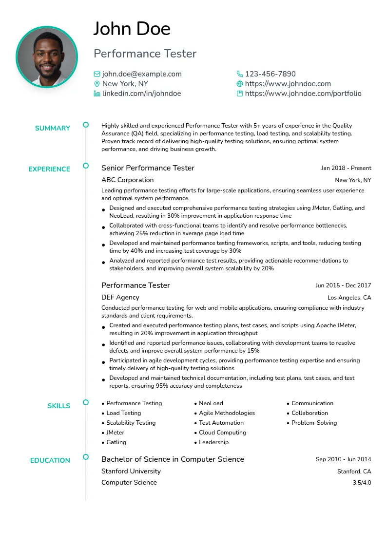 Performance Tester resume example
