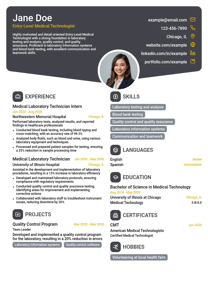 Entry-Level Medical Technologist resume example