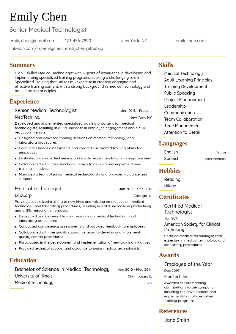 Specialized Training resume example